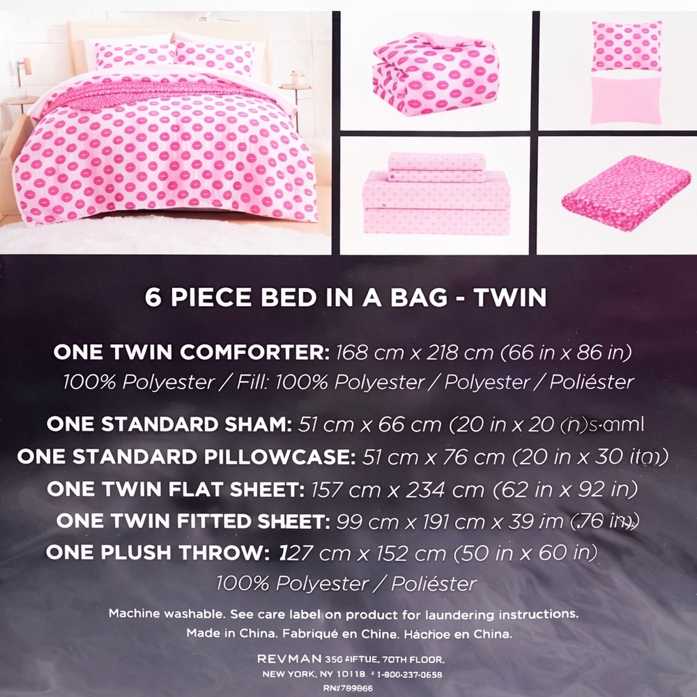 Betsey Johnson 6 Piece Bed In A Bag Pink Lip Print & Hearts Twin Bed Set NWT - Picture 9 of 16